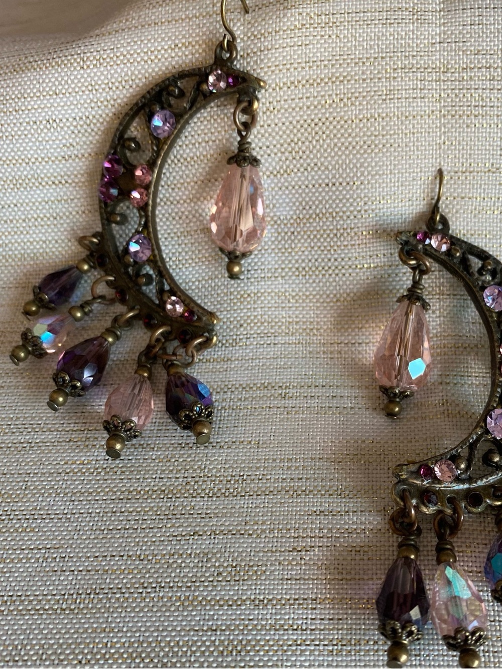 Antique Brass Crescent Dangle Earrings with Pink and Purple Crystals